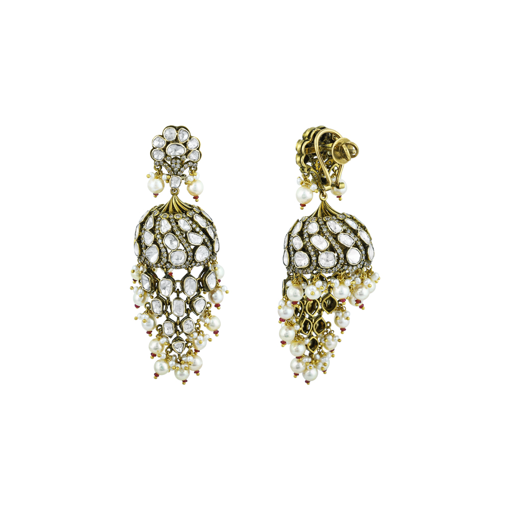 Jhumka Polki Earrings with Pearl Beads and Antique Charm